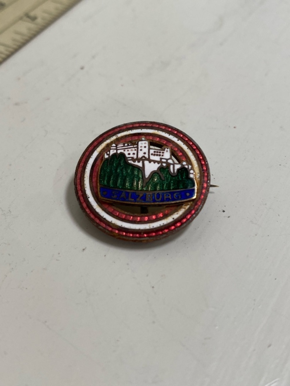 Vintage Enamel Round Pin with Scenic Crest